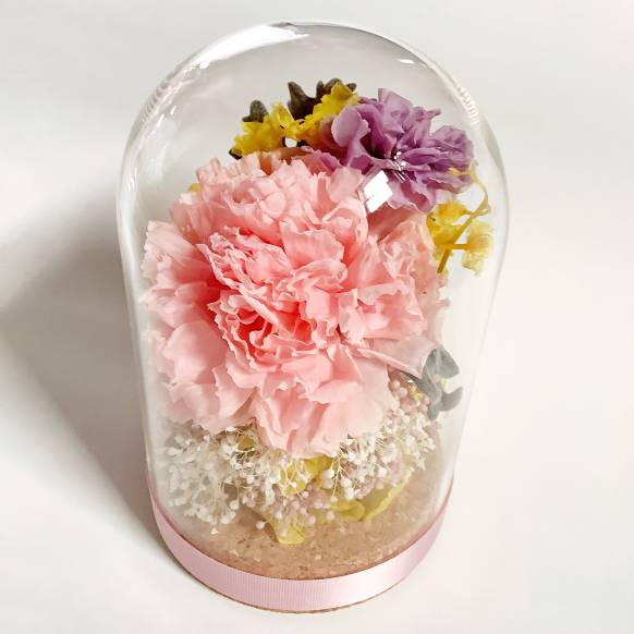 ガラスドームにピンクとライラックのカーネーションのプリザーブドフラワー