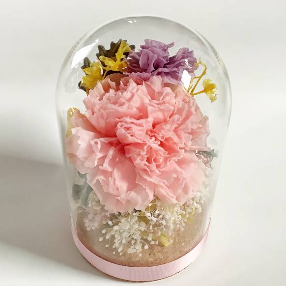 ガラスドームにピンクとライラックのカーネーションのプリザーブドフラワー