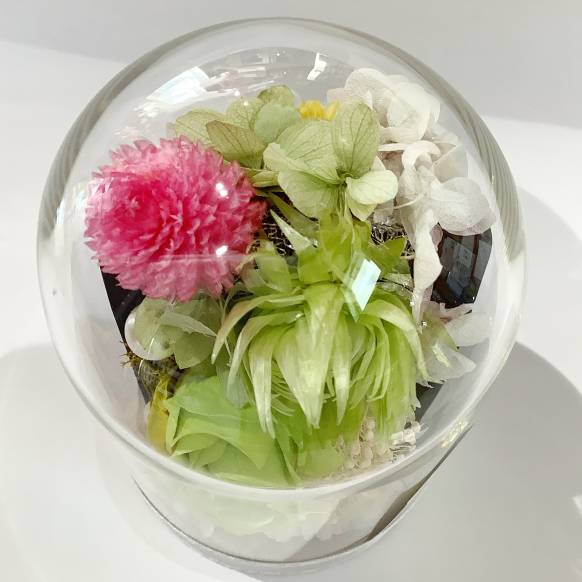 お供えの花、仏花、仏壇用のガラスドームのリバーシブルのプリザーブドフラワー　