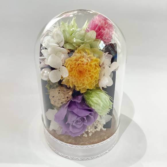 お供えの花、仏花、仏壇用のガラスドームのリバーシブルのプリザーブドフラワー　