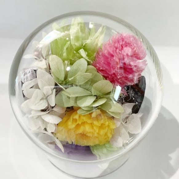 お供えの花、仏花、仏壇用のガラスドームのリバーシブルのプリザーブドフラワー　