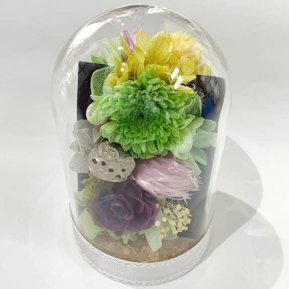 仏花、お供えの花、仏壇用のガラスドームのリバーシブルのプリザーブドフラワー　