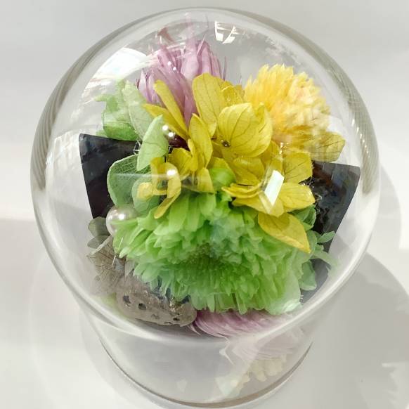 仏花、お供えの花、仏壇用のガラスドームのリバーシブルのプリザーブドフラワー　